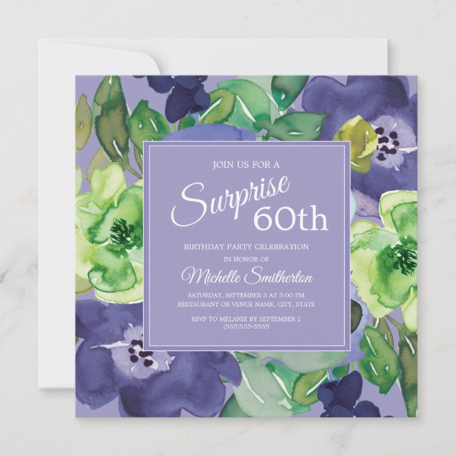 Invitación Cumpleaños 60 en Floral Acuarela Morado Verde Azul (Anverso)
