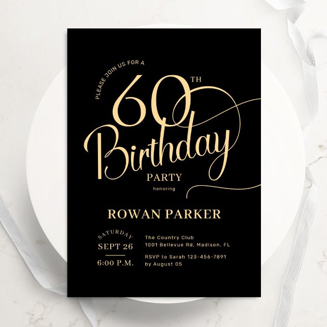 Invitación Cumpleaños 60 en Oro Negro Letra Elegante (Subido por el creador)