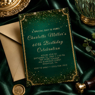 Invitación Cumpleaños 60 esmeralda verde y dorado brillo