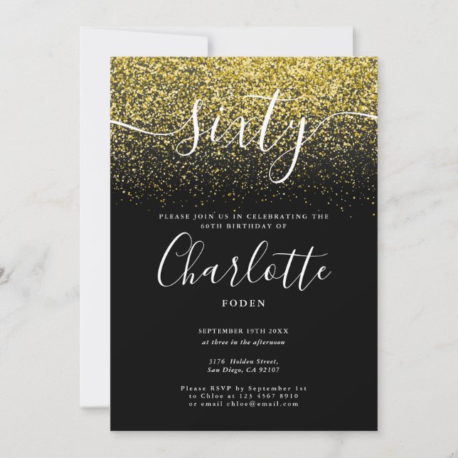 Invitación Cumpleaños 60 Firma Glitter Confeti Dorado (Anverso)