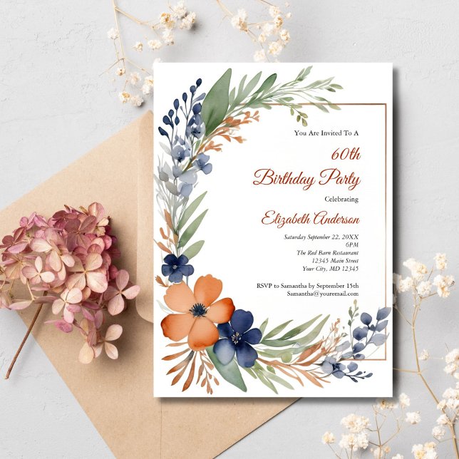 Invitación Cumpleaños 60 Floral Acuarela Naranja Óxido Azul (Rust Orange Blue Florals with Greenery Watercolor 60th Birthday Invitation for her)