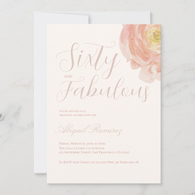 Invitación Cumpleaños 60: Foto de Rosa Pastel Suave  (Anverso)