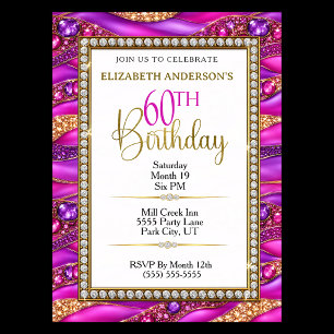 Invitación Cumpleaños 60 Glam Pink Gold Joyas Strata