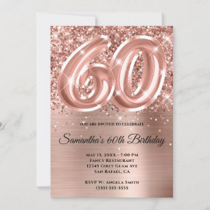 Invitación Cumpleaños 60 Glam Rose Gold Brillante Glitter