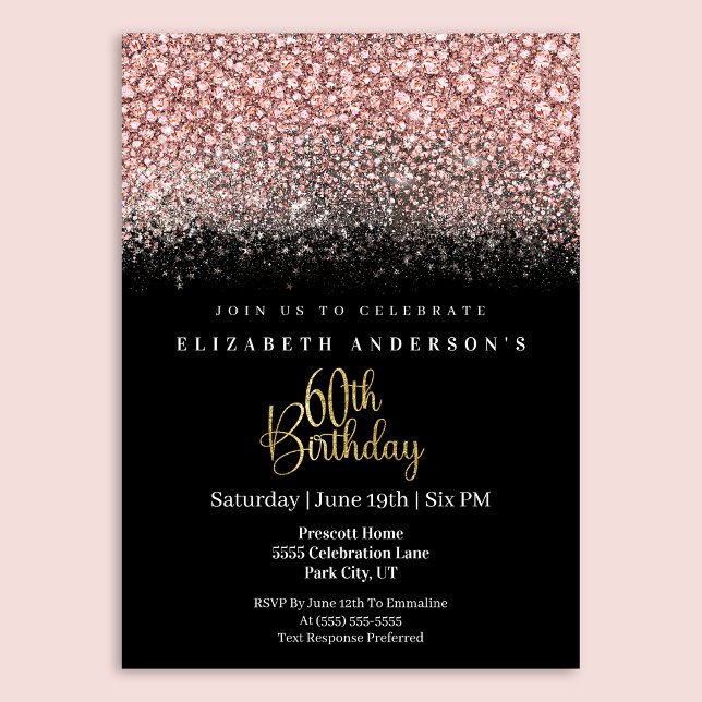 Invitación Cumpleaños 60 Glamour Rosa Con Brillo De Joyas (Subido por el creador)