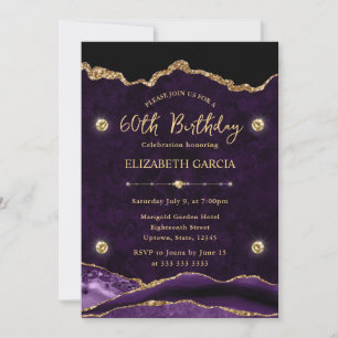 Invitación Cumpleaños 60 Glitter Agata Púrpura y Dorado Elega