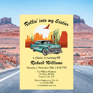 Invitación Cumpleaños 60 Hombre Retro Clásico Azul Coche Desi