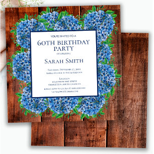 Invitación Cumpleaños 60 Hortensias Azules de Madera Fiesta R