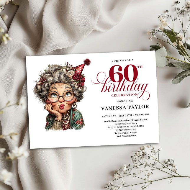 Invitación Cumpleaños 60 Humor Diseño Señora Mayor (60th Birthday Invitation Humor Old Lady Design)