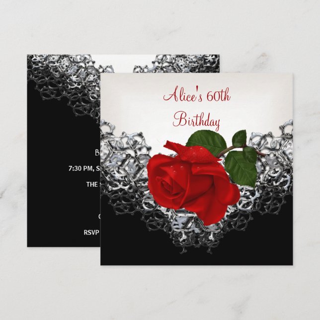 Invitación Cumpleaños 60 Lace Negro Blanco Plata Rosa ROJO (Anverso / Reverso)