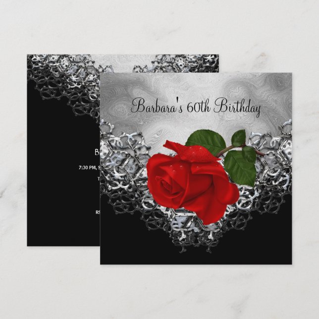 Invitación Cumpleaños 60 Lace Negro Blanco Plata Rosa ROJO (Anverso / Reverso)