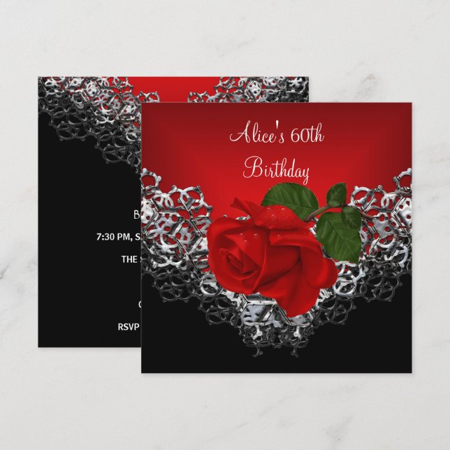 Invitación Cumpleaños 60 Lace Negro Plata Rosa Rojo Profundo (Anverso / Reverso)