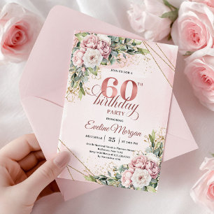 Invitación Cumpleaños 60 Luxury Rosa Oro Rosa Floral