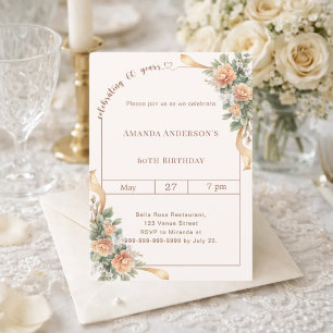 Invitación cumpleaños 60 marfil crema flores lazo