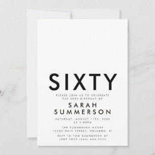 Invitación Cumpleaños 60 Minimal Sixty Negro Blanco