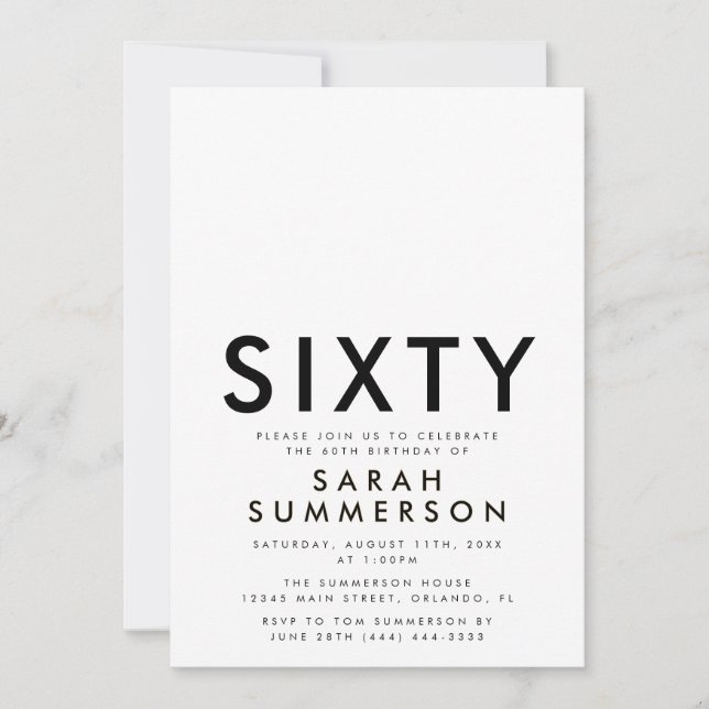 Invitación Cumpleaños 60 Minimal Sixty Negro Blanco (Anverso)