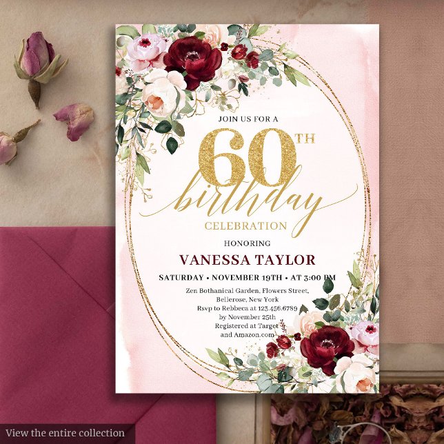 Invitación Cumpleaños 60 Moderno Boho Burgundy Blush Floral (Modern Boho Burgundy Blush Floral 60th Birthday)