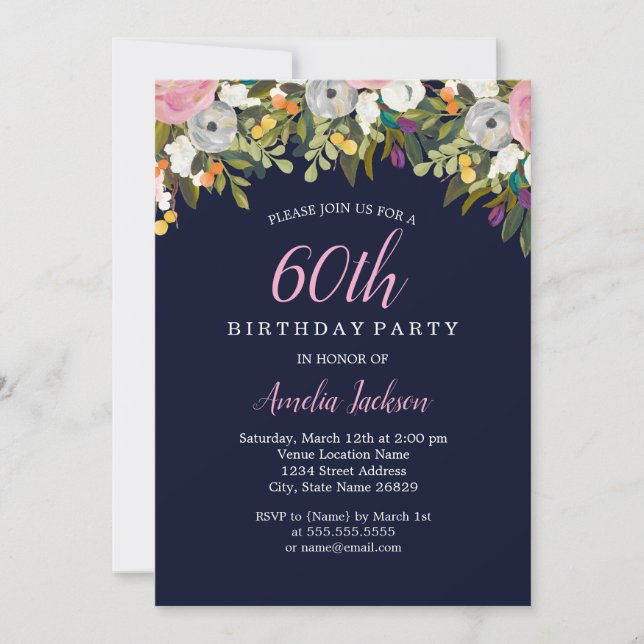 Invitación Cumpleaños 60 Moderno Floral Navy Rosa (Anverso)