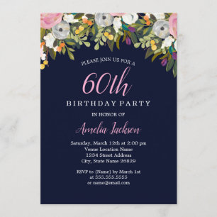 Invitación Cumpleaños 60 Moderno Floral Navy Rosa