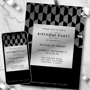 Invitación Cumpleaños 60 Moderno Negro con Hojuela de Plata F