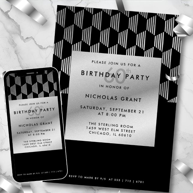 Invitación Cumpleaños 60 Moderno Negro con Hojuela de Plata F (Subido por el creador)