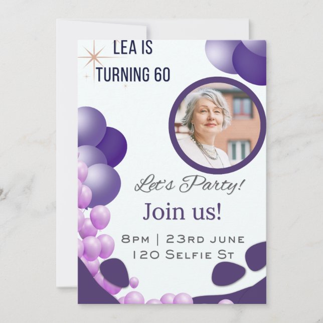 Invitación Cumpleaños 60 Morado (Anverso)