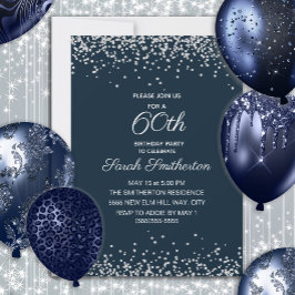 Invitación Cumpleaños 60 Navy Blue Silver Diamond Glitter