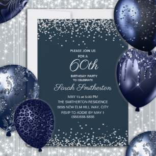 Invitación Cumpleaños 60 Navy Blue Silver Diamond Glitter