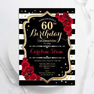 Invitación Cumpleaños 60 Negro Blanco Rayas Rosas