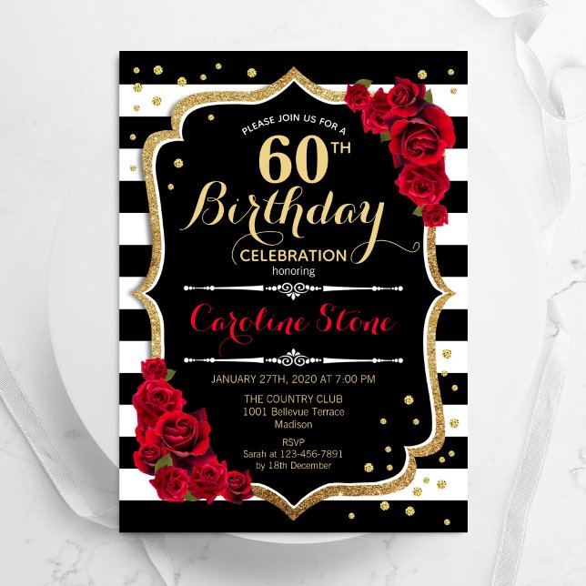 Invitación Cumpleaños 60 Negro Blanco Rayas Rosas (Subido por el creador)