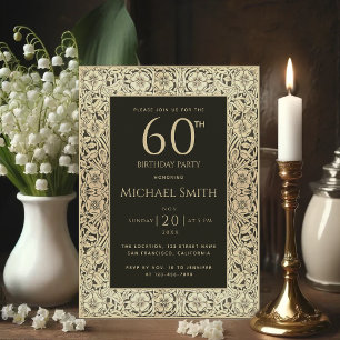Invitación Cumpleaños 60 Negro Flores de Oro Elegante Vintage
