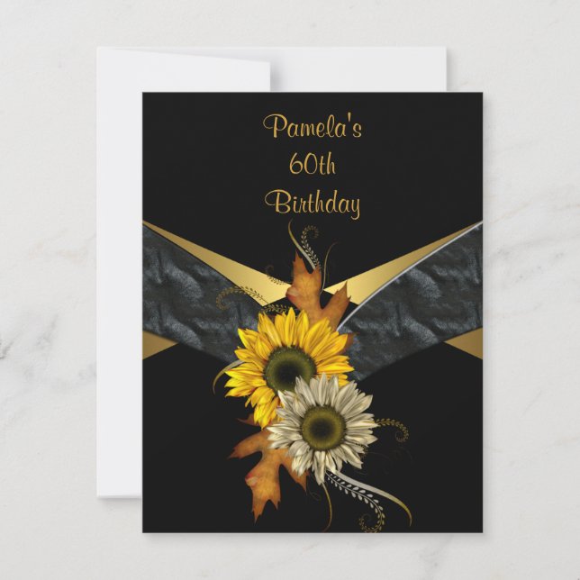 Invitación Cumpleaños 60 negro girasol amarillo dorado (Anverso)