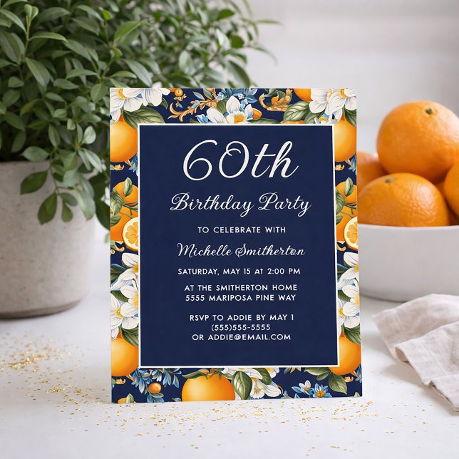 Invitación Cumpleaños 60 Oranges Flores Blancas Azul Marino (Oranges on navy blue 60th birthday invitation)