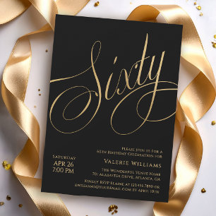 Invitación Cumpleaños 60 Oro Negro Caligrafía Elegante