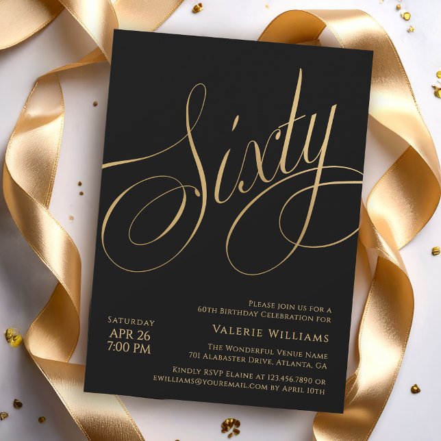 Invitación Cumpleaños 60 Oro Negro Caligrafía Elegante (Available in both printed and instant download digital formats.)