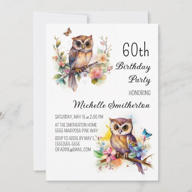 Invitación Cumpleaños 60 Owl Spring Flowers Butterflies (Anverso)