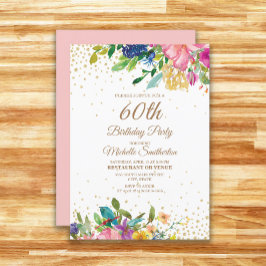 Invitación Cumpleaños 60 Pink Yellow Blue Floral Gold Glitter