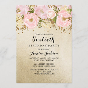 Invitación Cumpleaños 60 Pretty Blush Gold Pink Floral