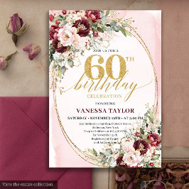 Invitación Cumpleaños 60 Romántico Boho Marsala Dorado Floral