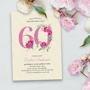 Invitación Cumpleaños 60 Rosa Peonía Floral Número 60