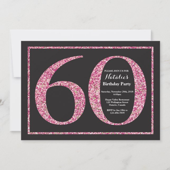 Invitación Cumpleaños 60 Rosa Tiza Brillante (Anverso)
