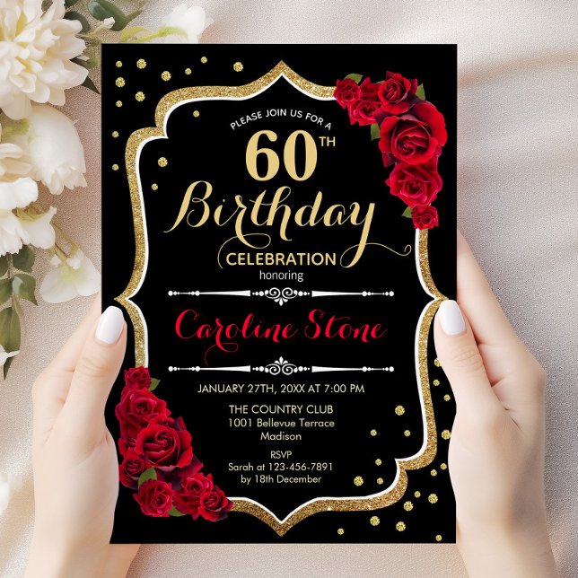 Invitación Cumpleaños 60 - Rosas Negras Doradas Rojas (Subido por el creador)