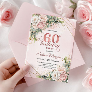 Invitación Cumpleaños 60 Rose Gold Floral Verdor Acuarela