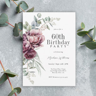Invitación Cumpleaños 60 Rústico Boho Borgoña Floral Ciruela