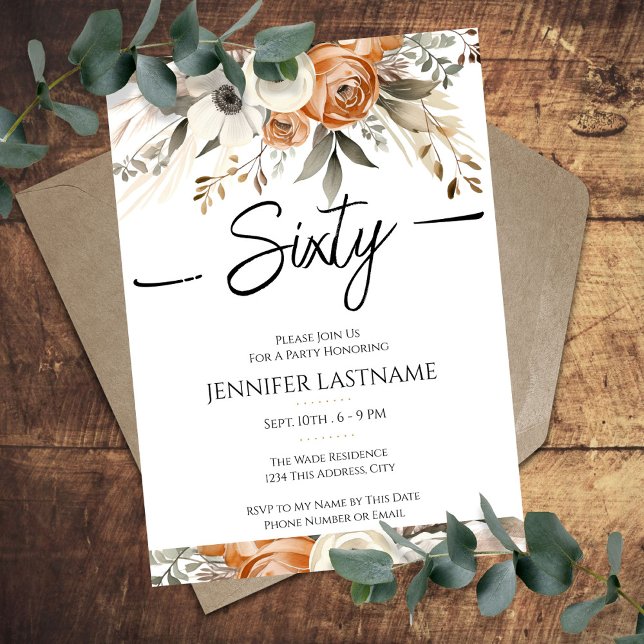 Invitación Cumpleaños 60 Rustico Floral Otoño  (Subido por el creador)
