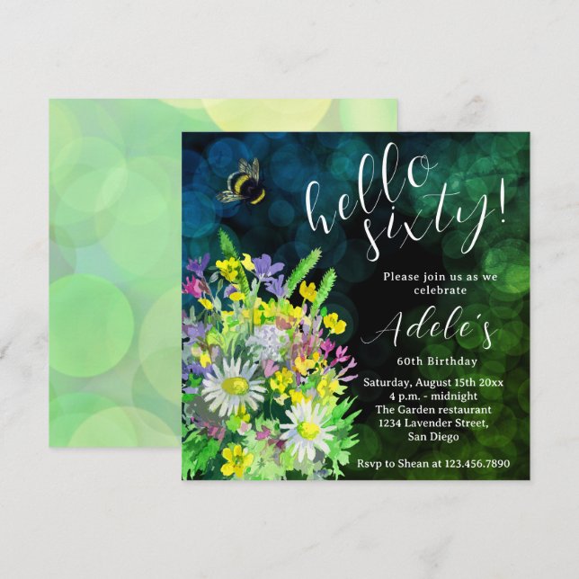 Invitación cumpleaños 60 salvaje flor acuarela  (Anverso / Reverso)
