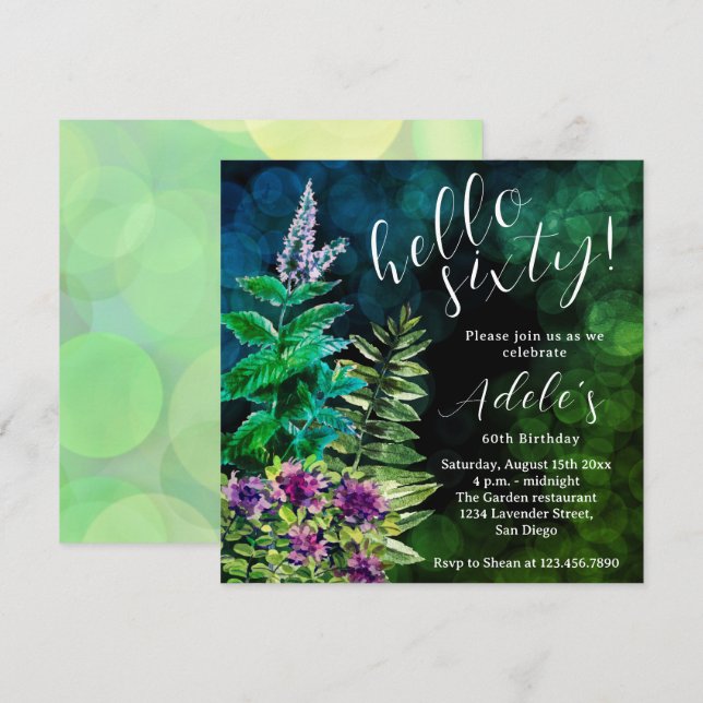 Invitación cumpleaños 60 salvajes hierbas acuarela  (Anverso / Reverso)