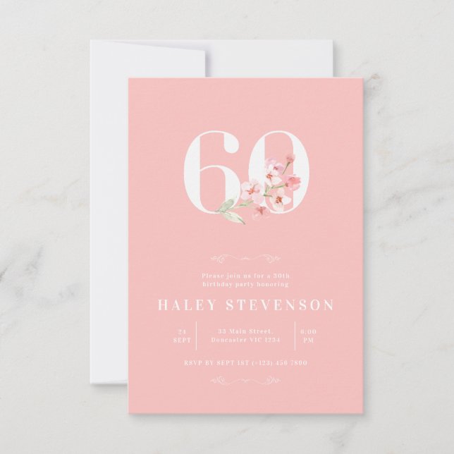 Invitación Cumpleaños 60 Simple Chic Rosa Blanco Floral (Anverso)