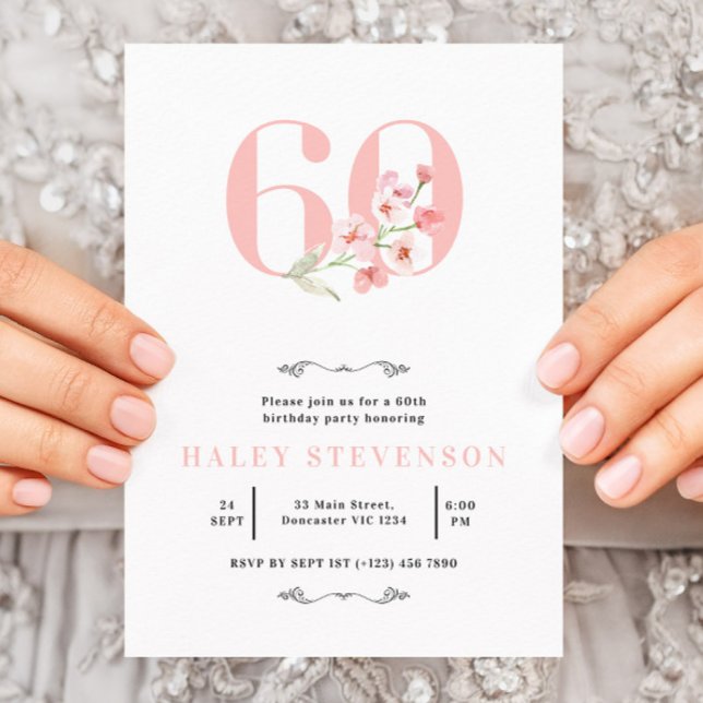 Invitación Cumpleaños 60 Simple Chic Rosa Blanco Floral (Subido por el creador)