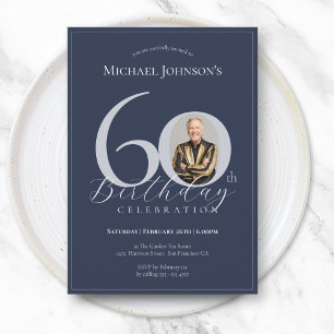 Invitación Cumpleaños 60 Simple y Elegante de Azul Marino y P